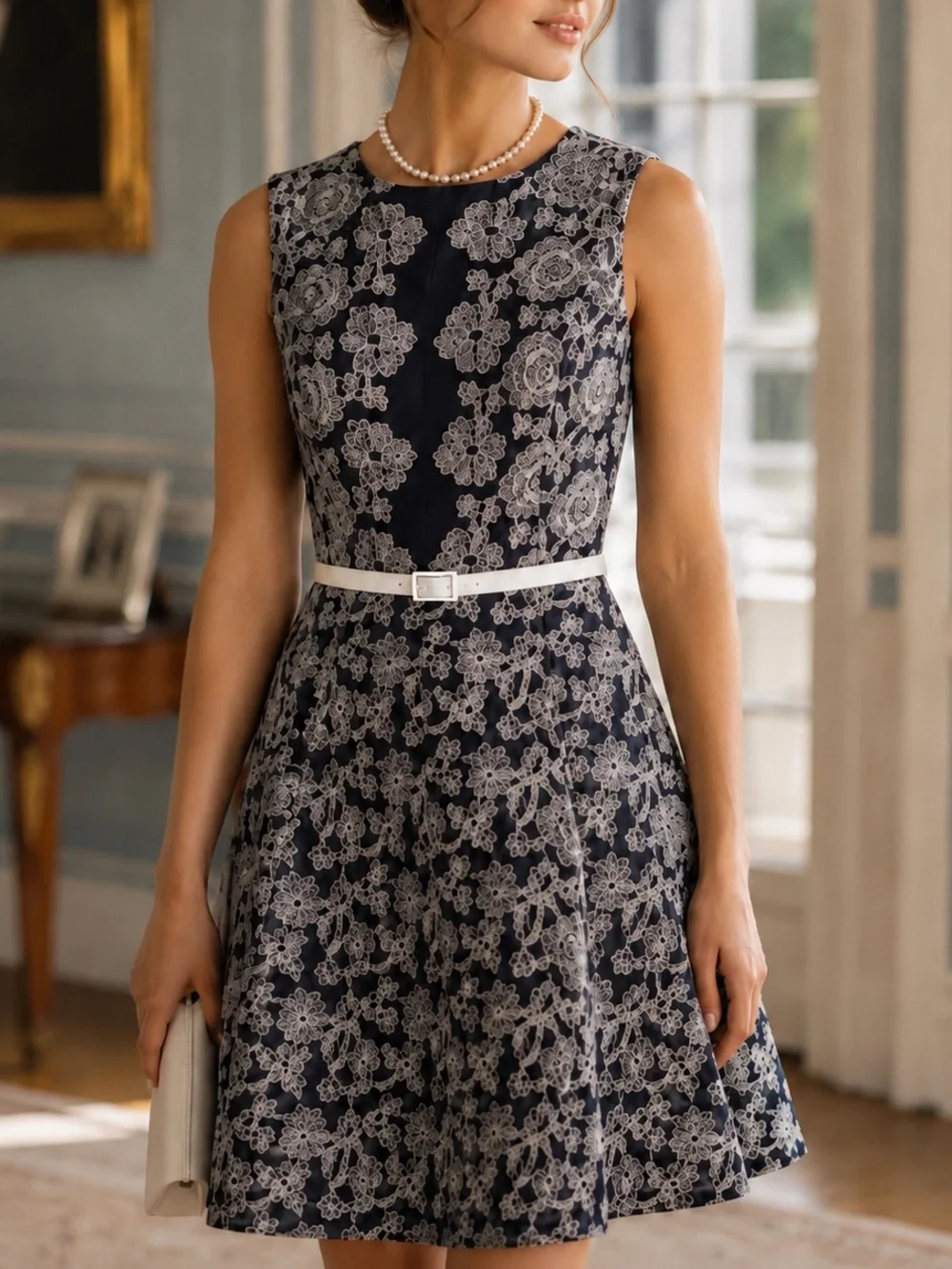 ANNE KLEIN Belted Navy and White Floral Midi Dress